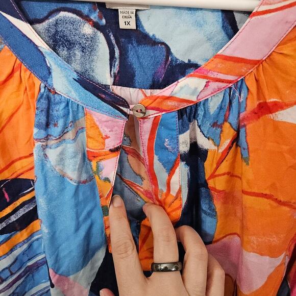 NIC+ZOE Tropical Mirage Top Allover Print Roll Tab Sleeve 100% EcoVero 1X Plus - Picture 6 of 8